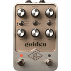Universal Audio UAFX Golden Reverberator effects pedal showcasing a sleek design with knobs and inputs for sound modulation.
