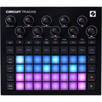 Novation Circuit Tracks sequencer with colorful pads and knobs for music production, displayed on a dark background.