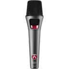 Austrian Audio OC707 condenser microphone with silver finish, mounted on a stand, showing its detailed capsule and professional design.