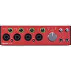 Focusrite Clarett+ 4Pre audio interface with multiple input and output ports, compact design, and professional-grade audio connectivity.
