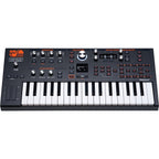 ASM Hydrasynth Explorer synthesizer with keyboard, featuring various knobs and controls for sound design and modulation.