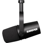 Shure MV7X dynamic microphone with metal grille and black body, designed for professional podcasting and broadcasting.