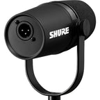 Shure MV7X dynamic microphone showing a black handheld microphone with a metal grille and control switches.