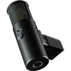 Warm Audio WA-8000 condenser microphone shown with gold finish and professional build, ideal for studio recording and vocals.