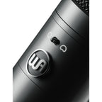 Warm Audio WA-8000 condenser microphone with black body and silver grille, positioned on a stand for professional audio recording.