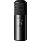 Warm Audio WA-8000 condenser microphone with gold-colored body and adjustable stand, designed for studio recording.