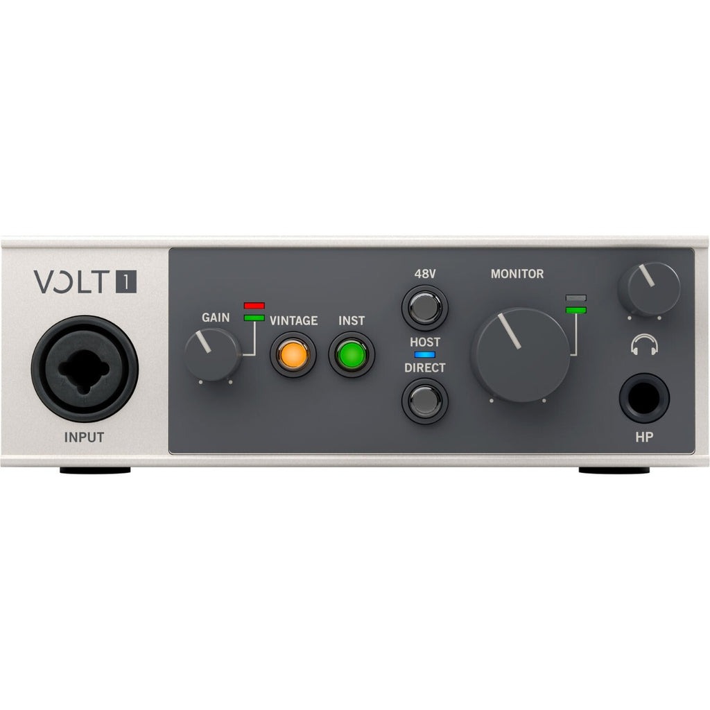 Universal Audio Volt 1 audio interface shown with input and output ports on a sleek black device.