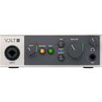 Universal Audio Volt 1 audio interface shown with input and output ports on a sleek black device.