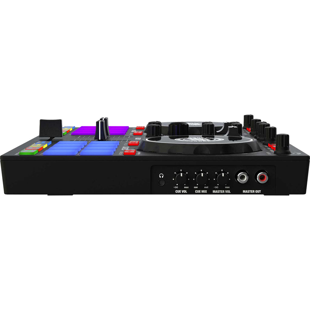 Reloop Ready DJ controller with compact layout, colorful pads, and various controls for seamless mixing and performance.
