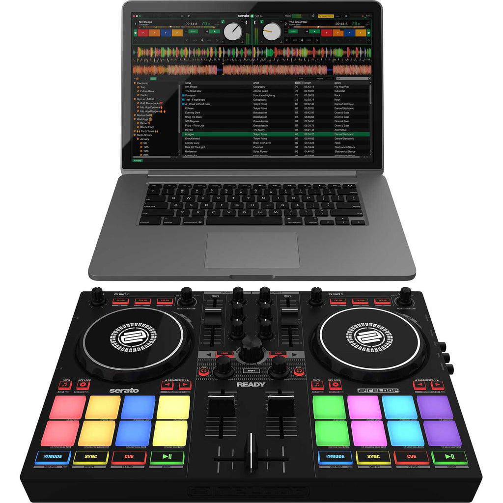 Reloop Ready DJ controller with compact design and responsive pads, perfect for mobile DJ setups and performances.