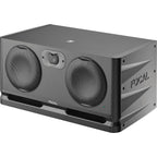 Focal Alpha Twin Evo mid-field main monitors with black speaker cabinets and control panels, designed for professional audio.