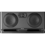 Focal Alpha Twin Evo mid-field and main studio monitors, black finish, with front grille and control knobs visible.