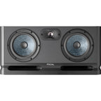 Focal Alpha Twin Evo mid-field and main studio monitors with sleek black finish, detailed speaker cones, and control knobs.