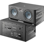 Focal Alpha Twin Evo mid-field and main studio monitors shown from the front, featuring black enclosure and control knobs