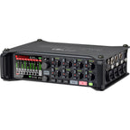 Zoom F8n Pro digital recorder with multiple input channels and a sleek design, showcasing buttons and display.