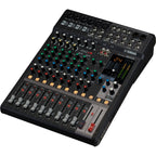 Yamaha MG12X analog mixer with multiple channels and control knobs on a sleek black surface.