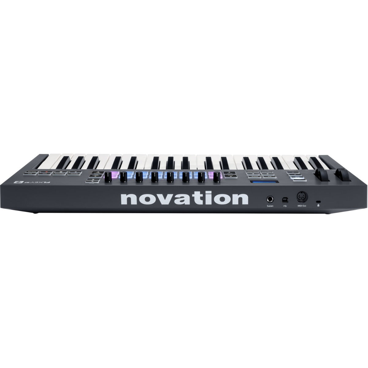 Novation FLkey 37 midi keyboard with illuminated keys and control knobs, ideal for music production and live performances.