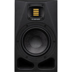 Adam Audio A7V active nearfield monitors with sleek black cabinets and detailed speaker drivers in a professional studio setting.