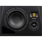 Adam Audio A8H mid-field and main monitor speaker shown from the left side, featuring sleek black design and detailed speaker components.