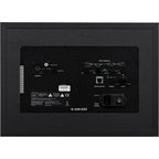 Adam Audio A8H right mid-field and main monitor speaker shown from the front, featuring a sleek black design with drivers and controls.