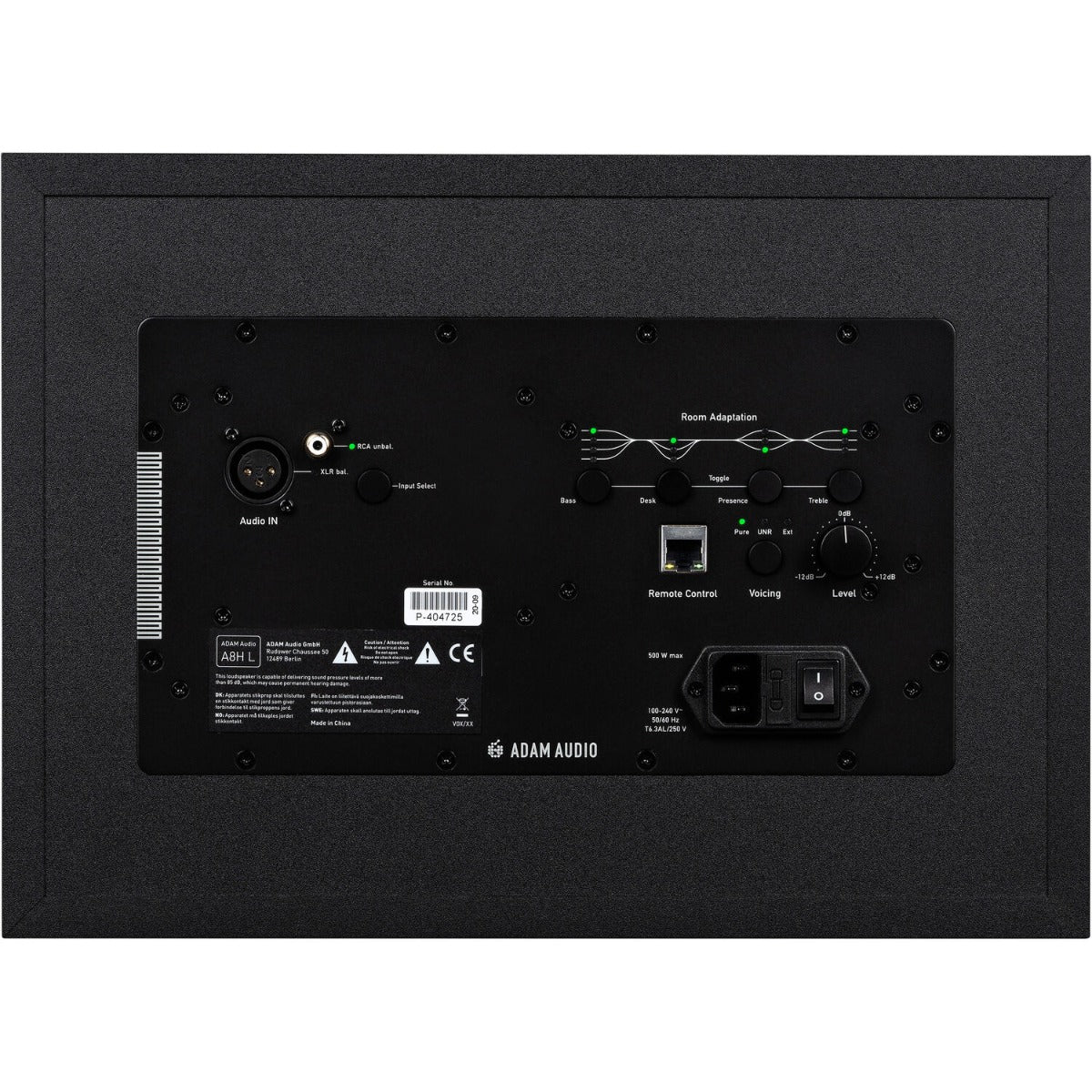 Adam Audio A8H right mid-field and main monitor speaker shown from the front, featuring a sleek black design with drivers and controls.