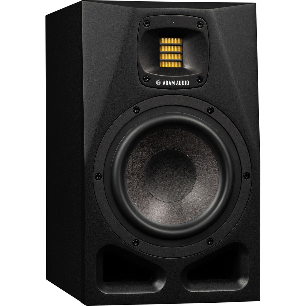 Adam Audio A7V active nearfield monitors shown with sleek black enclosures and detailed speaker drivers.
