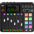 Rode RodeCaster Pro II digital mixer with multiple input channels, knobs, and display screen for professional audio mixing.