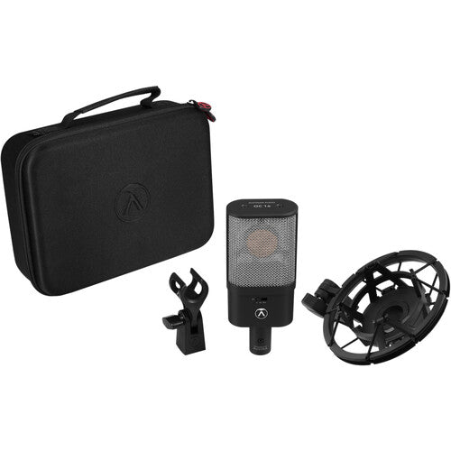 Austrian Audio OC16 condenser microphone with shock mount and cable, designed for studio recording and vocal capturing.