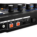 Reloop Mixon 8 Pro DJ controller with sleek design, multiple knobs, and vibrant LED lights for live performances.