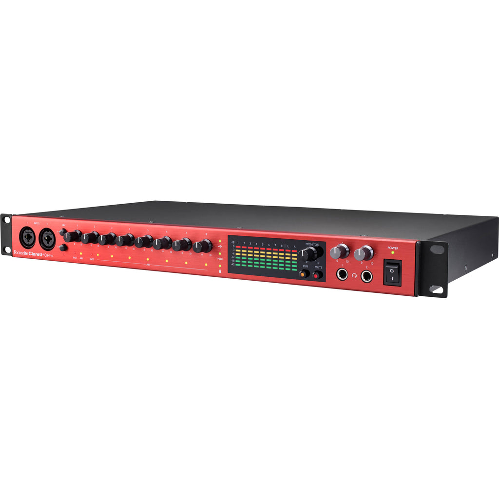 Focusrite Clarett+ 8Pre audio interface with multiple input/output ports and sleek black design, shown on a white background.