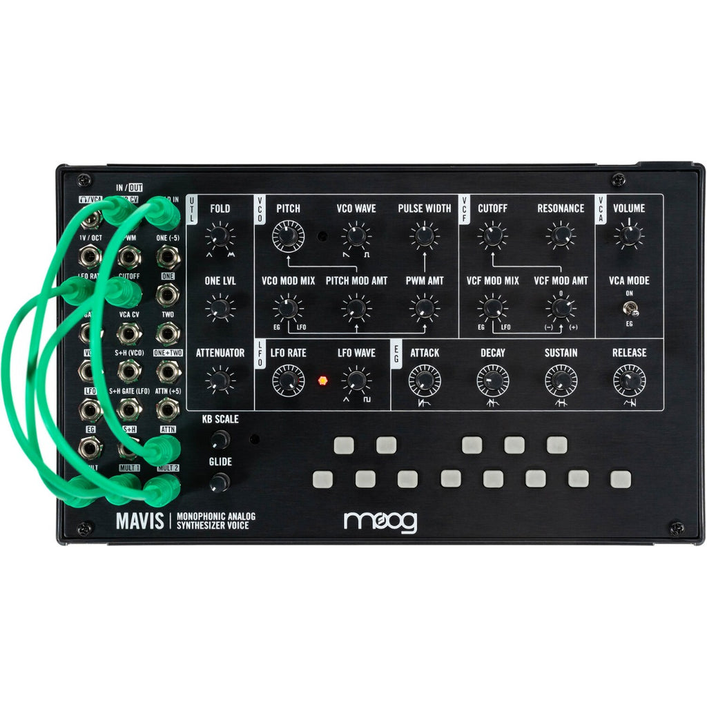 Moog Mavis synthesizer with control knobs and keyboard, showcasing its compact design and electronic interface.