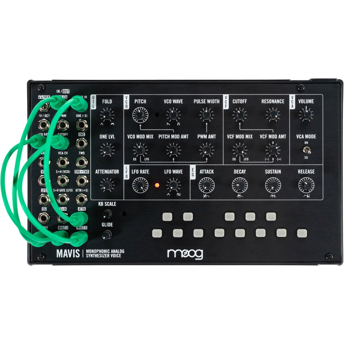 Moog Mavis synthesizer with control knobs and keyboard, showcasing its compact design and electronic interface.