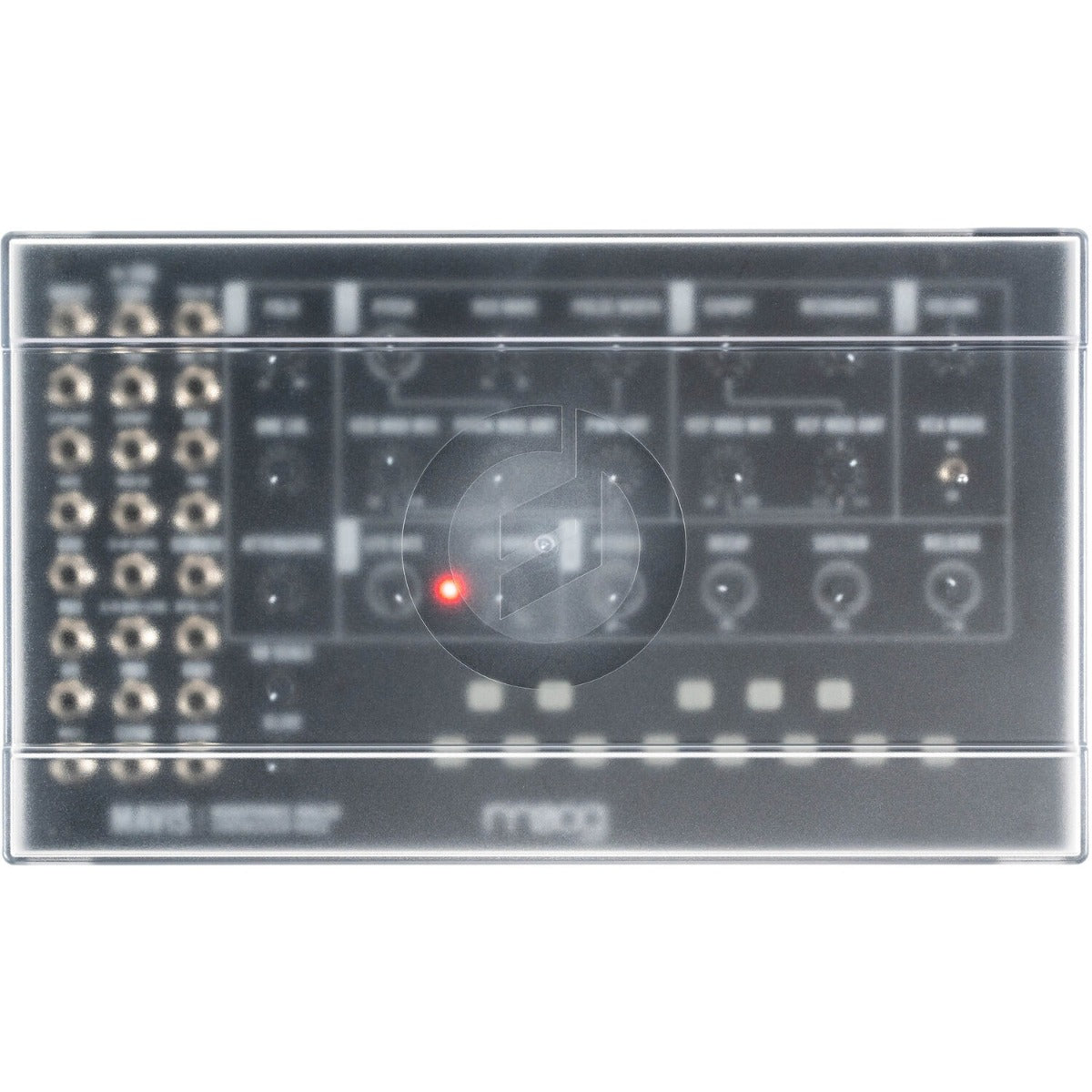 Moog Mavis synthesizer in black with control knobs and patch points, showcasing its compact design and electronic interface.