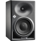 Neumann KH 150 active nearfield monitors with sleek black cabinets and detailed speaker drivers for professional audio monitoring.