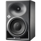 Neumann KH 150 active nearfield monitor speaker displayed on a stand with a black finish and detailed controls.