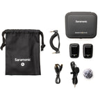 Saramonic Blink500 ProX B1 wireless microphone system for creators, featuring compact transmitter and receiver units on a table.