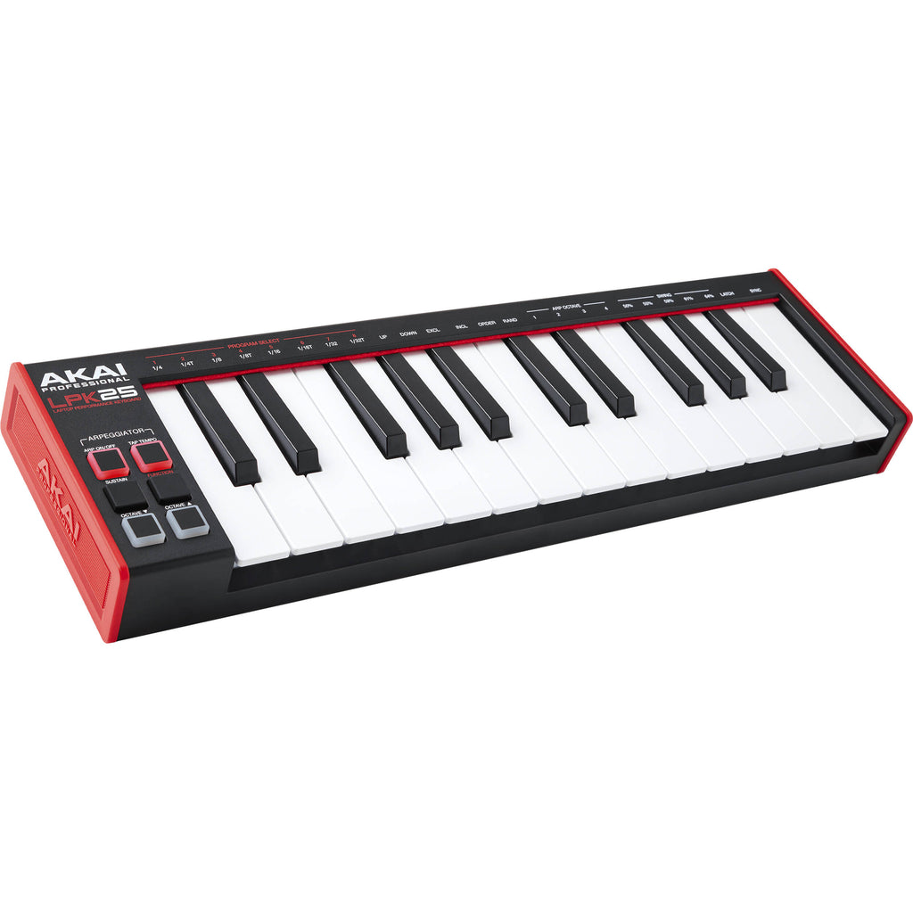 Akai Professional LPK25 MK2 MIDI keyboard with 25 keys, compact design, and control buttons for music production and performance.