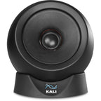 Pair of Kali Audio IN-UNF studio monitor speakers with a matching subwoofer in a professional audio setup.