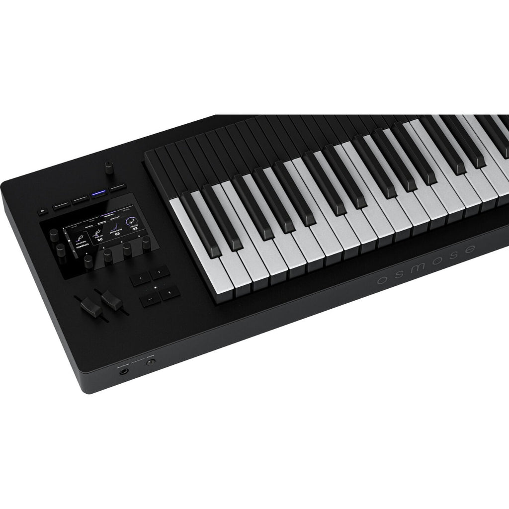 Expressive E Osmose 49 synthesizer with a sleek black keyboard and control panel, ideal for music production and sound design.