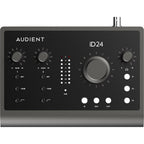 Audient iD24 audio interface with multiple input and output ports, professional-grade controls, and sleek black design.
