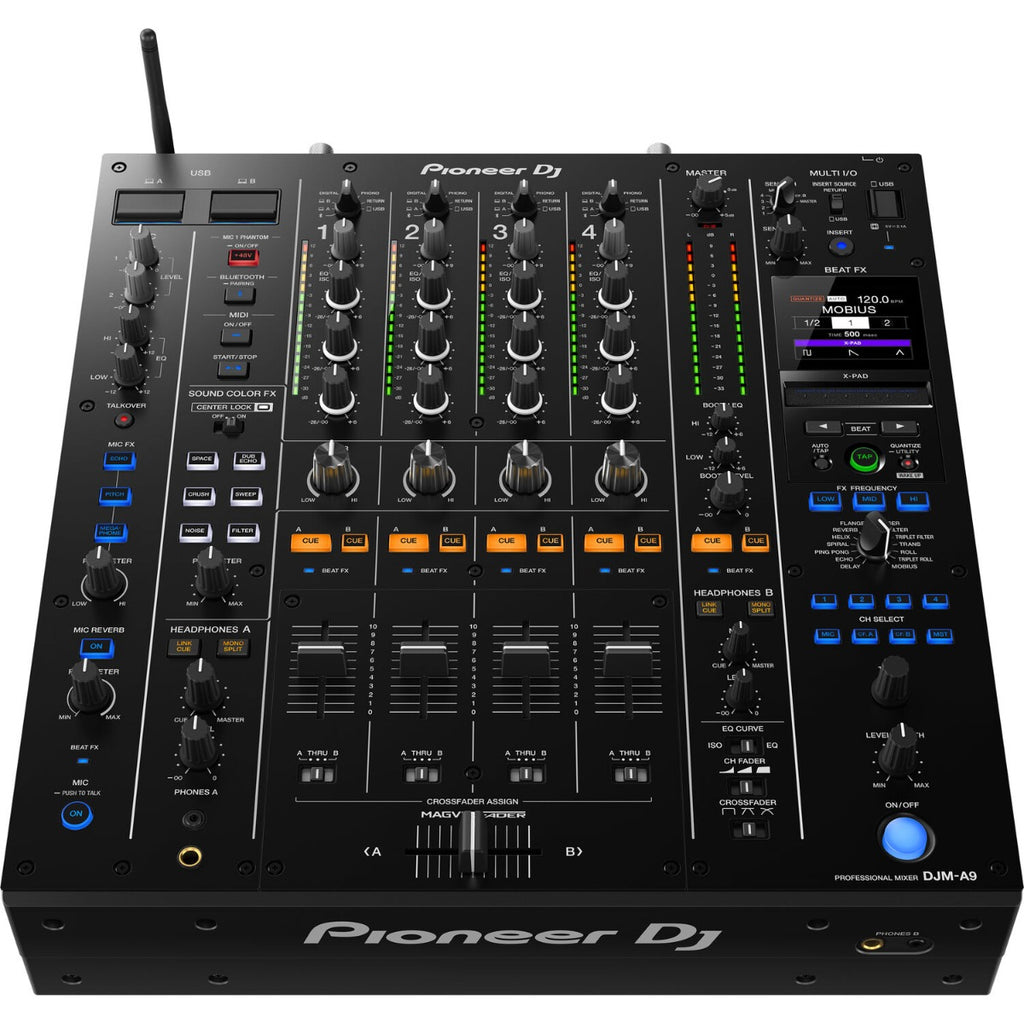 Pioneer DJ DJM-A9 professional DJ mixer with multiple control knobs, faders, and colorful LED displays for seamless mixing.