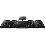 Pioneer DJ DJM-A9 professional DJ mixer with multiple channels, controls, and colorful LED displays for live music mixing.