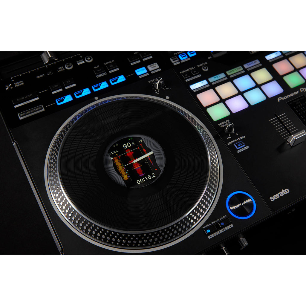 Pioneer DDJ-REV7 black DJ controller with jog wheels and performance pads for seamless mixing and creativity.