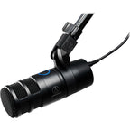 Audio Technica AT2040USB USB microphone on a stand, with a black body and metal grille, ideal for podcasting and streaming.