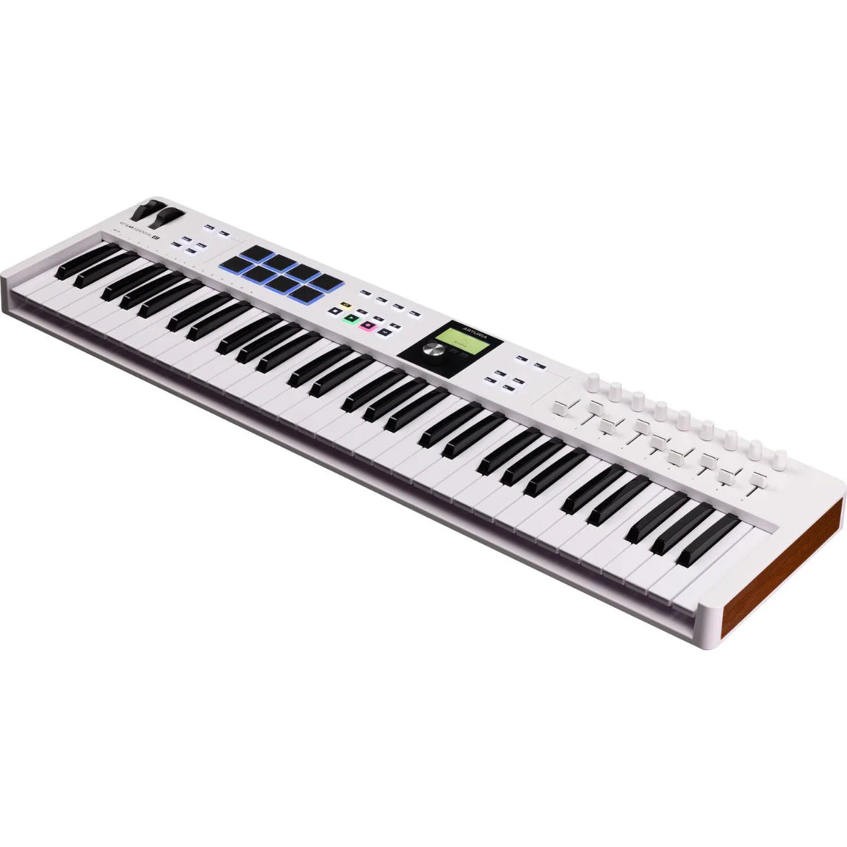 Arturia KeyLab Essential 61 MK3 MIDI keyboard with 61 keys, control knobs, and pads for music production and digital performance.