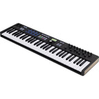 Arturia KeyLab Essential 61 MK3 MIDI keyboard with black keys, featuring control knobs and a compact design for music production.
