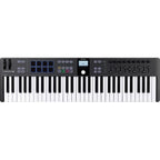 Arturia KeyLab Essential 61 MK3 MIDI keyboard with black keys, control knobs, and keyboard keys, designed for music production.