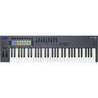 Novation FLkey 61 MIDI keyboard with black keys, control knobs, and pitch bend wheel, designed for music production.