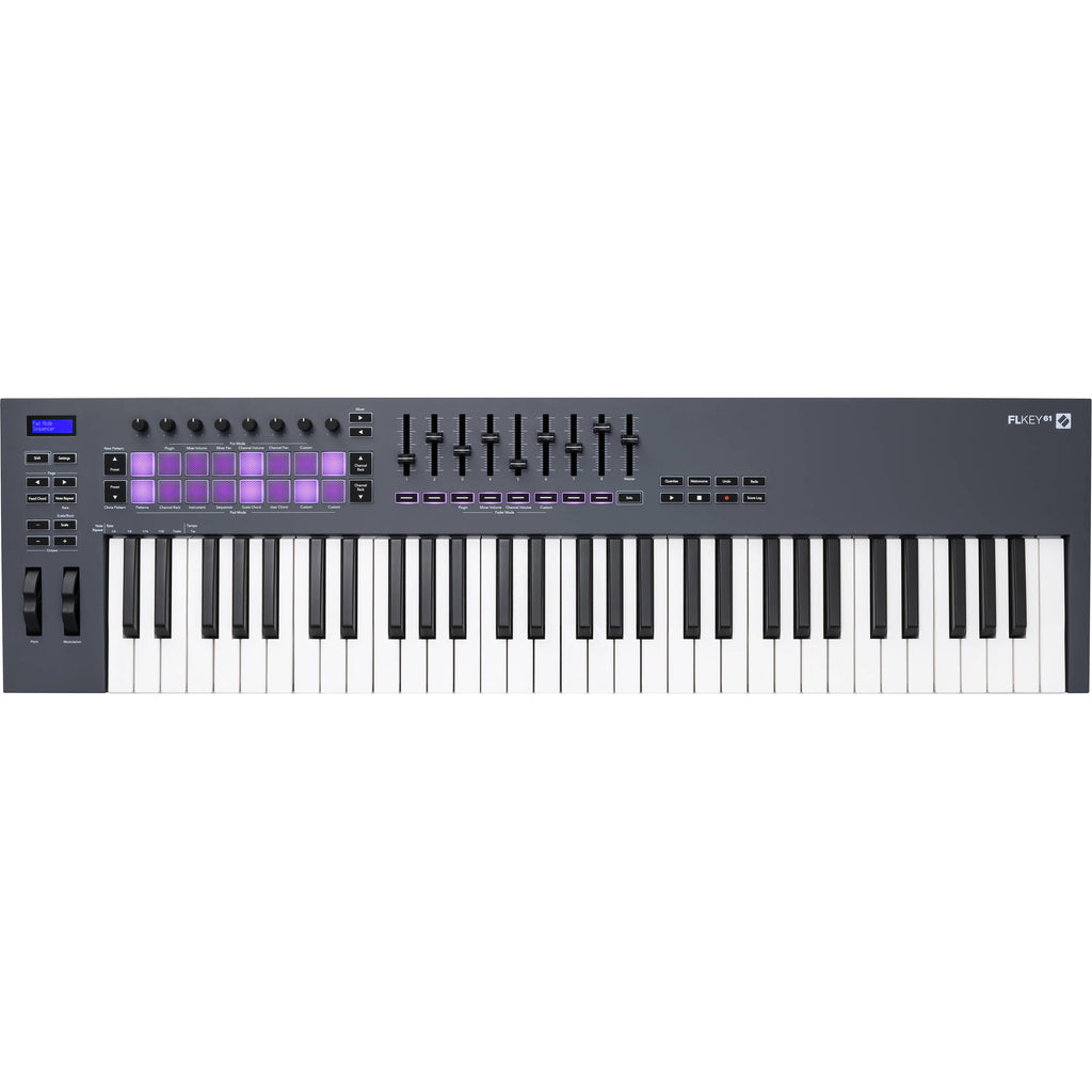 Novation FLkey 61 MIDI keyboard controller with backlit keys and control knobs, designed for music production and performance.