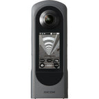Ricoh Theta X 360-degree video camera with lens and controls, designed for capturing immersive 3D videos and images.